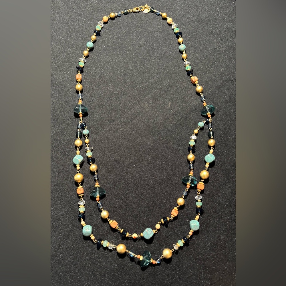 Vintage Necklace 34" Liz Claiborne Turquoise Gold Coral Aqua Beaded Two Strand